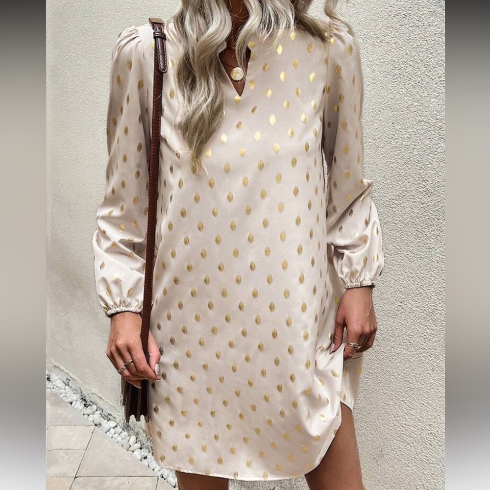 NWOT SHEIN Women’s Small (4) Tan & Gold Long Sleeve Dress